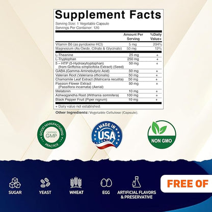 Vitamatic Advanced Sleep Aid with Melatonin - 120 Vegetable Capsules Made with B6, Magnesium, L-Theanine, L-Tryptophan, 5-HTP, GABA, Valerian, Chamomile, Passion Flower, Ashwagandha & Black Pepper