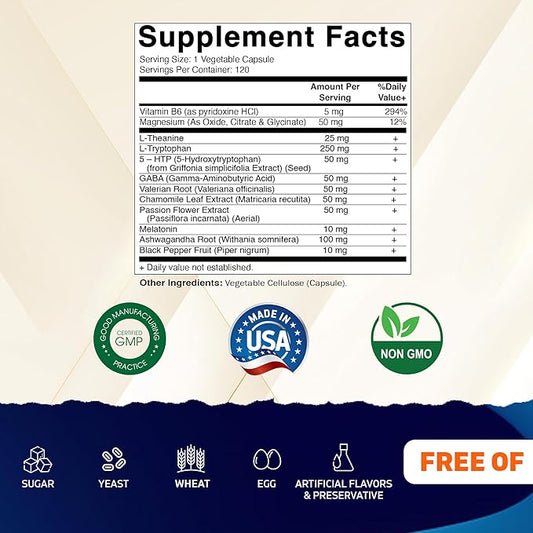 Vitamatic Advanced Sleep Aid with Melatonin - 120 Vegetable Capsules Made with B6, Magnesium, L-Theanine, L-Tryptophan, 5-HTP, GABA, Valerian, Chamomile, Passion Flower, Ashwagandha & Black Pepper