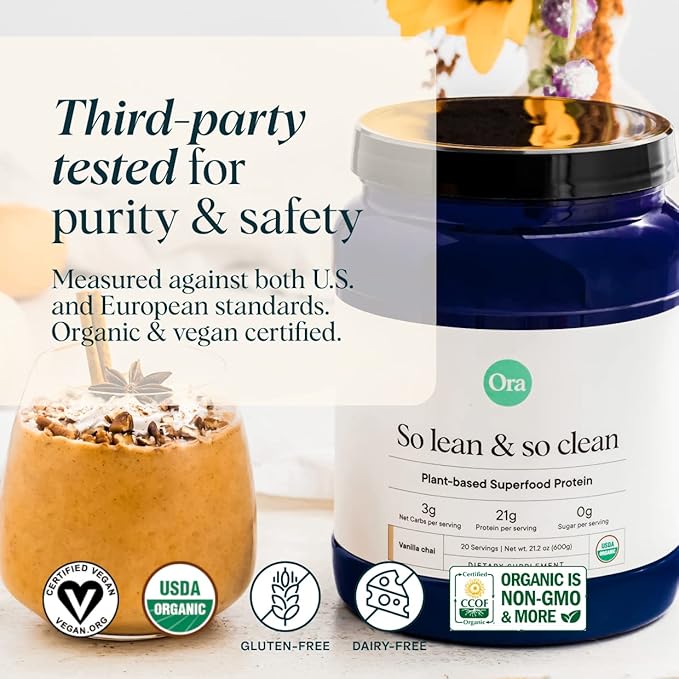 Ora Organic Vegan Protein Powder - 23g Plant-Based Protein Powder for Women and Men | Clean Protein Source, Keto Friendly, Gluten Free, Paleo, Dairy-Free, Soy-Free - Vanilla Chai - 20 Servings