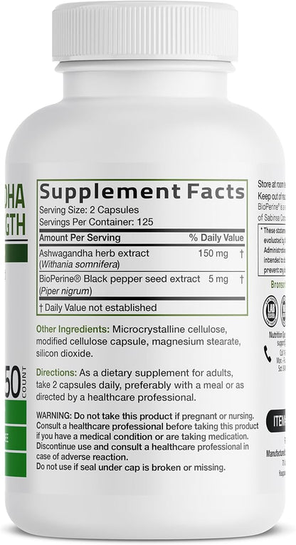Bronson Ashwagandha Extra Strength Stress & Mood Support with BioPerine - Non GMO Formula, 250 Vegetarian Capsules