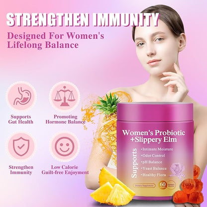 Her Juicy Feminine Probiotics Gummies for Women | Pineapple Flavor | Supports pH Balance, Gut Health & Immune System | with Slippery Elm, Prebiotics & Lactobacillus Blend | 60 Gummies (1pc)