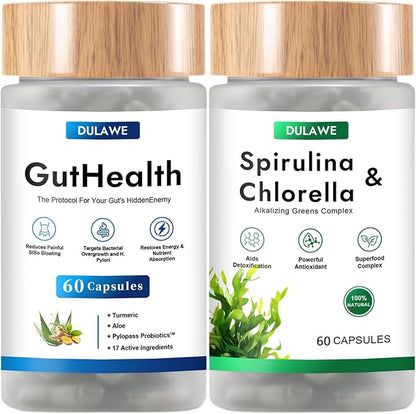 Dulave Gut Health & Spirulina Chlorella Bundle – Probiotics, Digestive Enzymes & Greens – Supports Digestion, Energy, Immune Health – Non-GMO(1 Set)