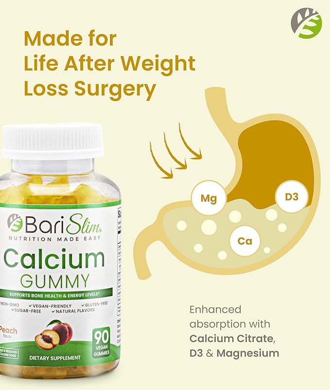 BariSlim Bariatric Calcium Gummies - Specially Formulated Bariatric Vitamins for Patients After Weight Loss Surgery - Supports Energy Levels & Bone Health | Peach (90 Vegan Gummies)