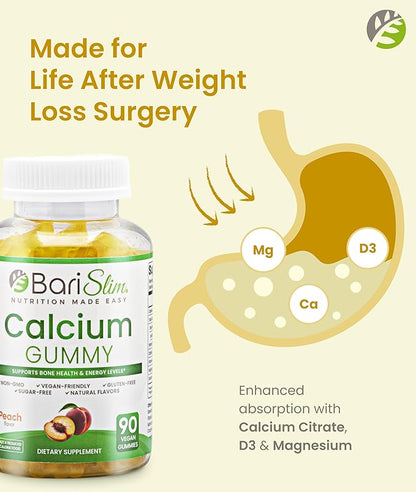 BariSlim Bariatric Calcium Gummies - Specially Formulated Bariatric Vitamins for Patients After Weight Loss Surgery - Supports Energy Levels & Bone Health | Peach (90 Vegan Gummies)