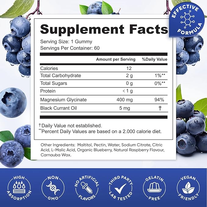Blueberry Flavor Magnesium Glycinate Gummies 400mg – High Absorption Supplement for Adults and Kids, Sugar Free, Gelatin Free, Vegan Friendly, 60 Day Supply (60, Blueberry)