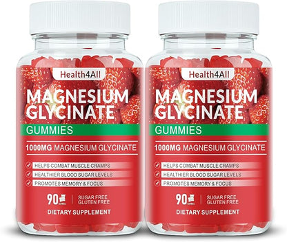 Magnesium Glycinate Gummies 1000mg, High Absorption Sugar Free Magnesium Potassium Supplement for Relaxation, Stress Relief, and Sleep Support for Adults & Kids - 180 Strawberry Gummies