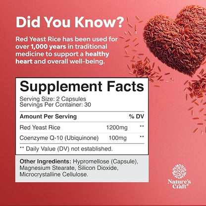 Red Yeast Rice with CoQ10 Supplement - Advanced Healthy Heart & Healthy Cholesterol Levels Formula for Men & Women - Red Yeast Rice Capsules with 1200mg per Serving and CoQ10-60 Count