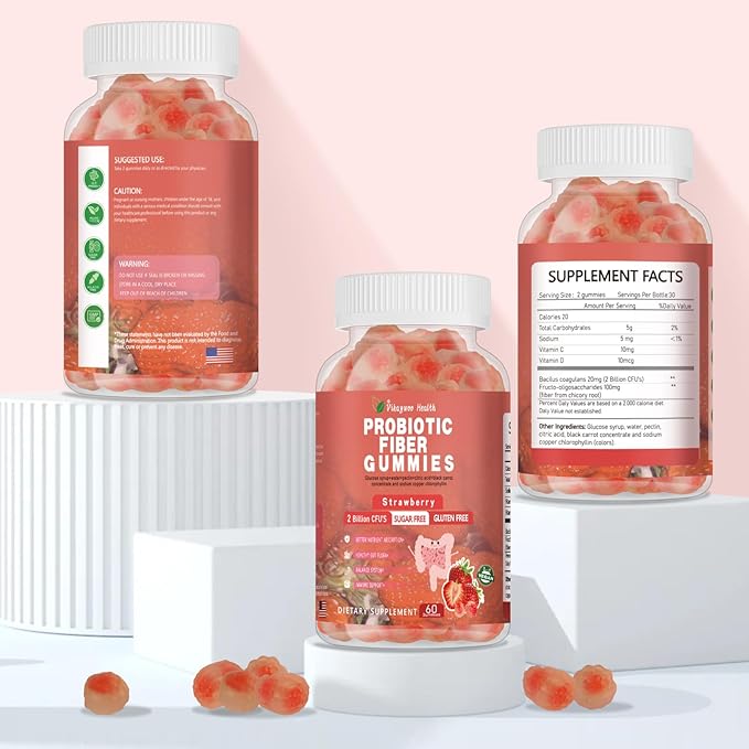 Probiotic Fiber Gummies for Adults, No Sugar Added Strawberry Flavor– 120 Billion CFUs –Vitamin C,Vitamin D–Digestive Health & Regularity Support(60 Count)