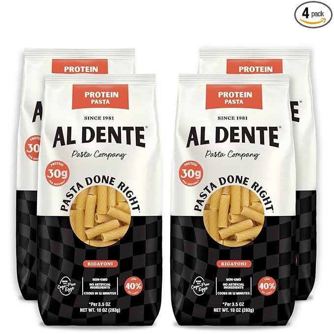 Al Dente Protein Pasta Rigatoni – 30g High Protein in 3.5oz Serving, Lower Carb, High Fiber. Cage-Free Eggs & Semolina. (Previously Carba-Nada, Packaging May Vary) - 10oz Bags (Pack of 4)