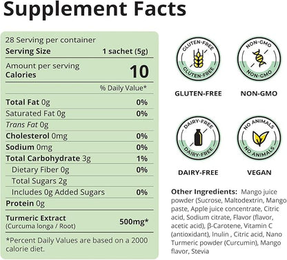 Nano Turmeric Curcumin Drink Powder Supplements–Mango Flavor Daily Morning Routine Immunity Wellness Shot, Gut Health & Joint Support - No Added Sugar, Vegan, Gluten-Free, Non-GMO,28 Sachets