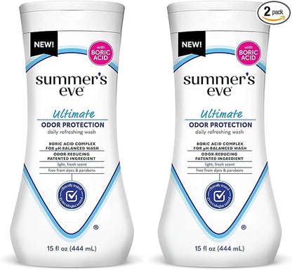 Summer's Eve Ultimate Odor Protection Daily Feminine Wash,pH-Balanced Formula Body Wash for Women with Boric Acid Helps Control Vaginal Odor,15 Fl Oz,(Pack of 2)