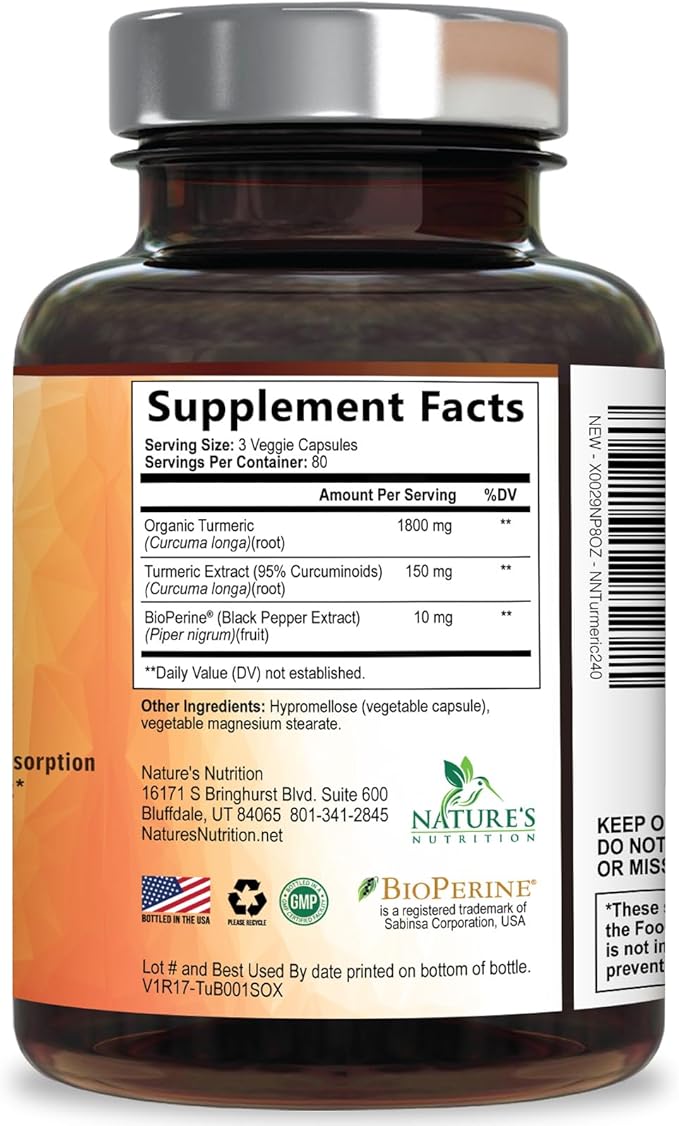 Turmeric Curcumin Supplement - 95% Curcuminoids with Organic Turmeric & BioPerine Black Pepper for Best Absorption - Daily Joint & Immune Health Support, Vegan, Non-GMO, Bottled in USA - 240 Capsules