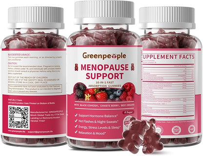 GREENPEOPLE Menopause Supplements for Women Gummies - 16-in-1 Dual Action Menopause Relief W/Black Cohosh, Vitex, Beef Organs for Hormone Balance, Hot Flashes, Night Sweats & Mood, Sugar-Free 60 CT