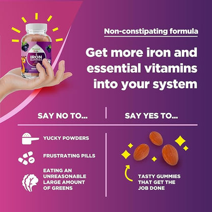 Natural Multivitamin Iron Gummies for Adults - Adult Gummy Vitamins with Iron and Energy Boost B Complex Vitamins - Gummy Supplement and Mental Clarity Focus Multivitamin - 60 Count