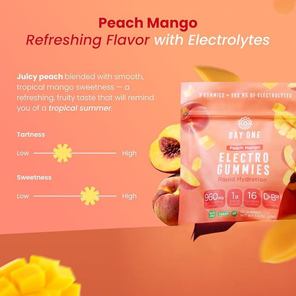 Day One Electrogummies - 60pcs. of Peach Mango Flavored Electrolyte Gummies for Hydration - Packed with Essential Electrolytes Ideal for Workouts, Running, Hiking and More