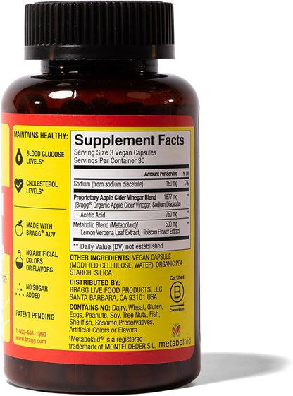 Bragg Metabolism Support Apple Cider Vinegar Capsules with Botanical Blend - 90 Capsules - Increased GLP-1 Support for Weight Management, Appetite Control, and Fullness