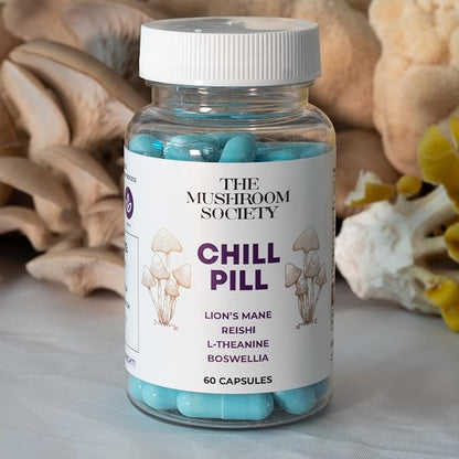 Chill Pill Supplement - Lion’s Mane, Reishi, L-Theanine, Boswellia & Beta-Glucans - Relax, Recover & Recharge - 60 Vegan Capsules
