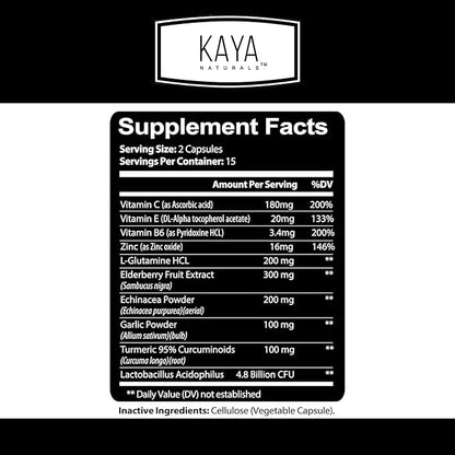 Kaya Naturals Elderberry Immune Support | Vitamins with Zinc and Vitamin C for Adults, Probiotics & Turmeric 1000mg Immune System Booster Sambucus Capsules - 30 Count