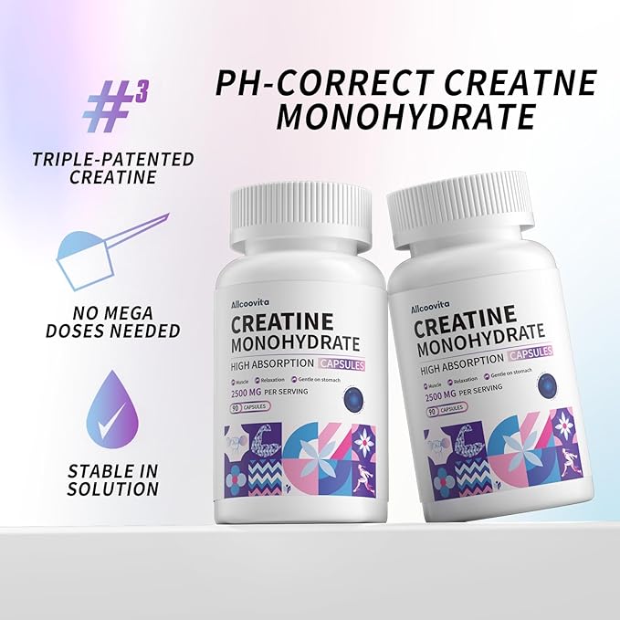 Allcoovita Creatine Monohydrate Capsules -3 Creatine Capsules per Serving, 2500mg, Gluten Free, 90 Capsules