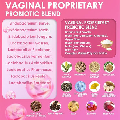Vaginal Probiotics for Women Vaginal Moisturizer, pH, Odor, Flora, Hormones, Comfort, Mood & Relaxation, 30-in-1 Vaginal Moisture Plus with Slippery Elm Bark, Hyaluronic Acid, Fenugreek - 120 Caps