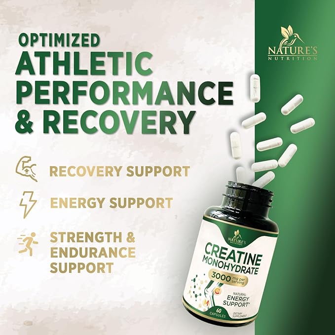 Creatine Monohydrate 3000mg Per Serving – Micronized Creatine Powder Capsules - Supports Lean Muscle, Strength, Energy, & Endurance - Nature's Supplement, Non-GMO, Bottled in USA - 60 Capsules