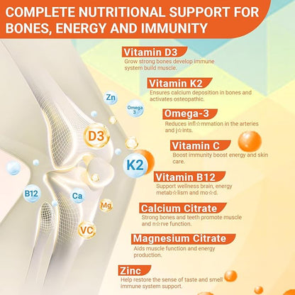 Vitamin D3 K2 Gummies, Sugar Free D3 K2 Vitamin with Omega 3, Calcium, Magnesium for Bone Muscle Teeth Immune