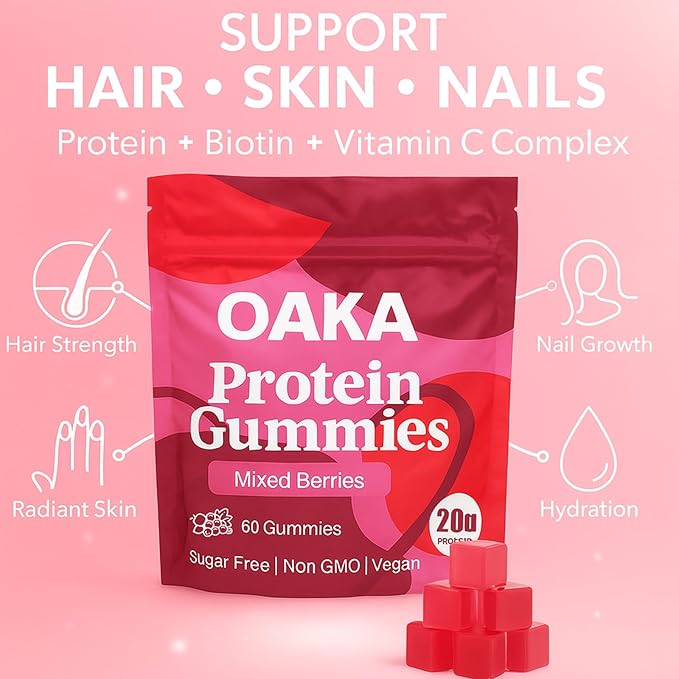 OAKA Protein Gummies, 20g Protein per Serving, Support Hair, Skin, Nails Health, Boost Energy, Protein Supplement for Women Men, Zero Sugar, Vegan, Mixed Berries Flavor, 60 Gummies