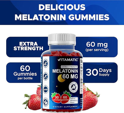 Vitamatic Sugar Free Melatonin 60 mg - 60 Vegetarian Gummies - Non-Habit Forming Supplement