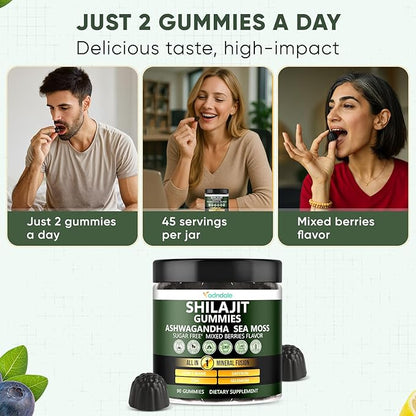 Adndale Himalayan Natural Shilajit Gummies for Men & Women, Sugar-Free Mixed Berries Flavor - with Ashwagandha, Sea Moss, Lion’s Mane & Saffron + Zinc & Selenium - 90 Gummies (45 Servings)