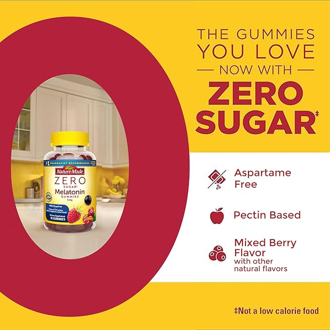 Nature Made Zero Sugar Melatonin 5mg Sleeping Gummies for Adults Extra Strength,100% Drug & Aspartame Free,70 Sugar-Free Melatonin Gummies,70 Day Supply,(Pack of 2)