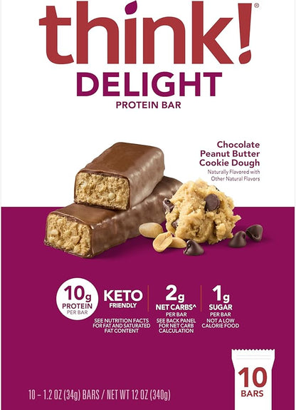 think! Delight, Keto Protein Bars, Healthy Low Carb, Gluten Free Snack - Chocolate Peanut Butter Cookie Dough, 10 Count (Packaging May Vary) (Pack of 2)