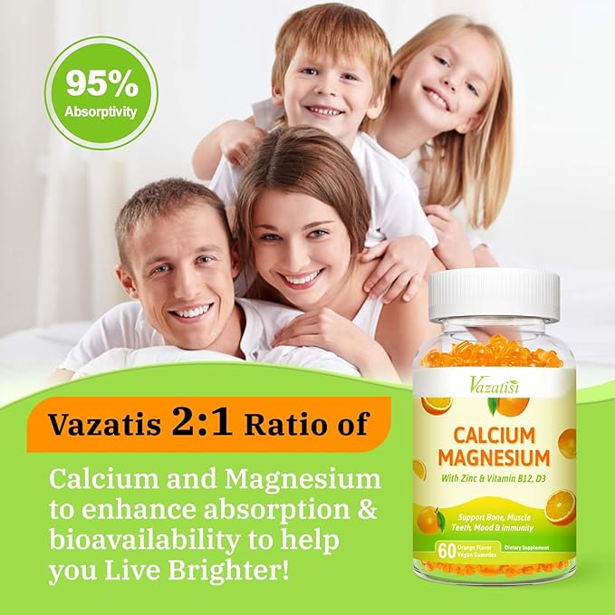 Calcium Magnesium Zinc Gummies with Vitamin D3 and K2, High Absorption Magnesium Glycinate Potassium for Immune and Calm Mood, Vegan Orange Flavor 120 Gummies