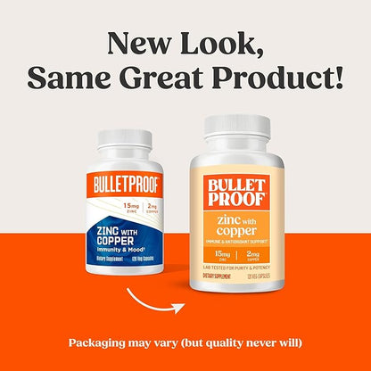 Bulletproof Zinc with Copper Capsules, 120 Count, Minerals and Antioxidant Supplement for Immunity and Mood