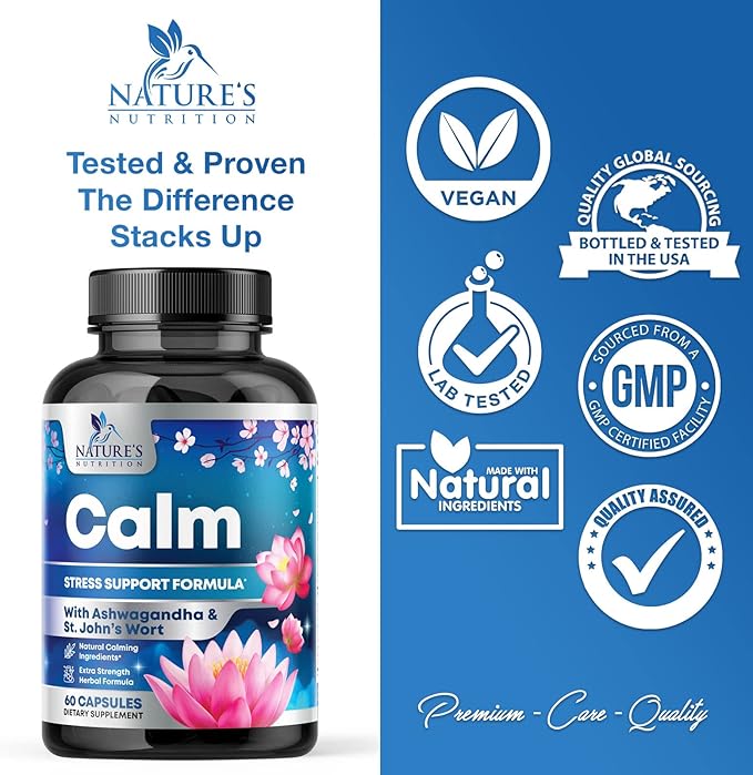 Stress Support Supplement - Extra Strength Ashwagandha, GABA, Magnesium, L-Theanine for Relief - Supports Mood & Focus - Naturally Calm, Unwind & Relax - Eases Tension & Nervousness - 60 Capsules