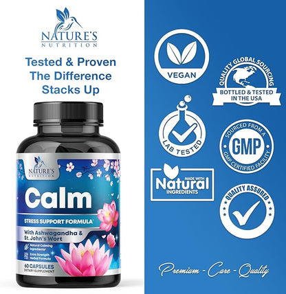 Stress Support Supplement - Extra Strength Ashwagandha, GABA, Magnesium, L-Theanine for Relief - Supports Mood & Focus - Naturally Calm, Unwind & Relax - Eases Tension & Nervousness - 60 Capsules