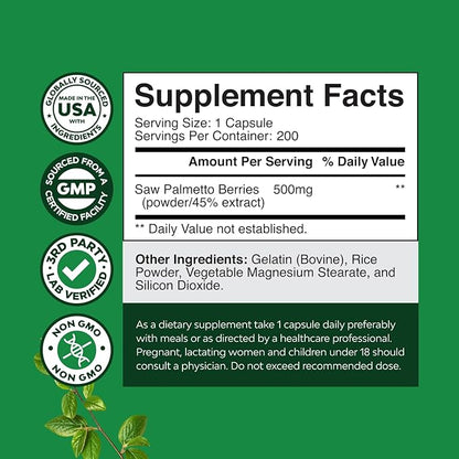 Natures Craft Saw Palmetto for Men with Beta Sitosterol - Saw Palmetto Extract Prostate Health Supplement for Men Bladder Control and Prostate Support - Restoring Hair Supplement - 200 Count