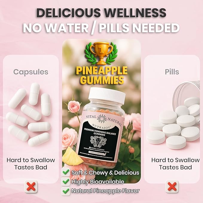 Premium Feminine Balance Gummies, for Women's Ph Health, Vaginal Wellness Support, Immune Support, Energy Support, Hawaiian Pineapple, Vegan Gluten-Free, 60 Gummies