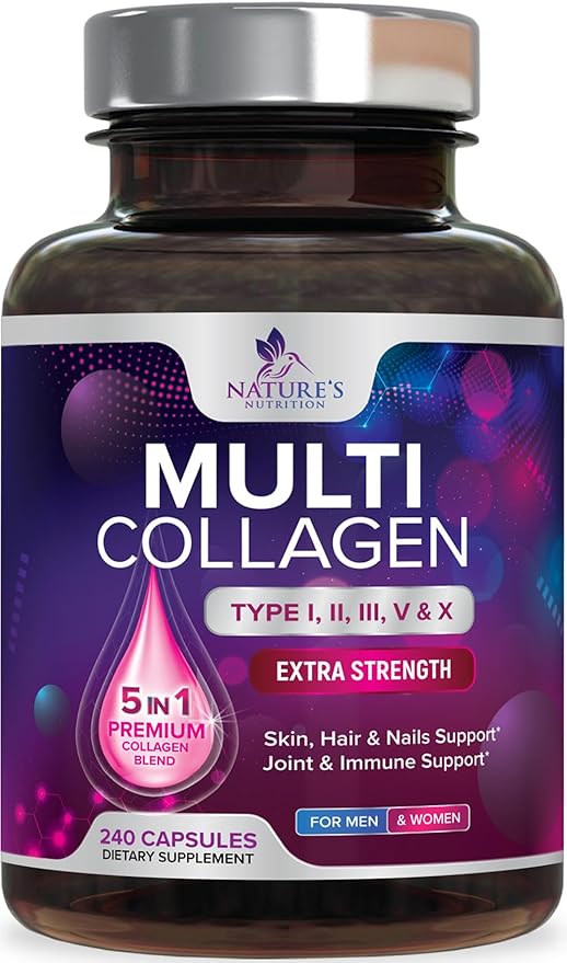 Multi Collagen Pills 2400 mg Per Serving - Advanced Types I, II, III, V, X - Hydrolyzed Multi Collagen Peptides Pills Supplement for Women & Men - Hair, Skin, & Nail Support Supplements - 240 Capsules