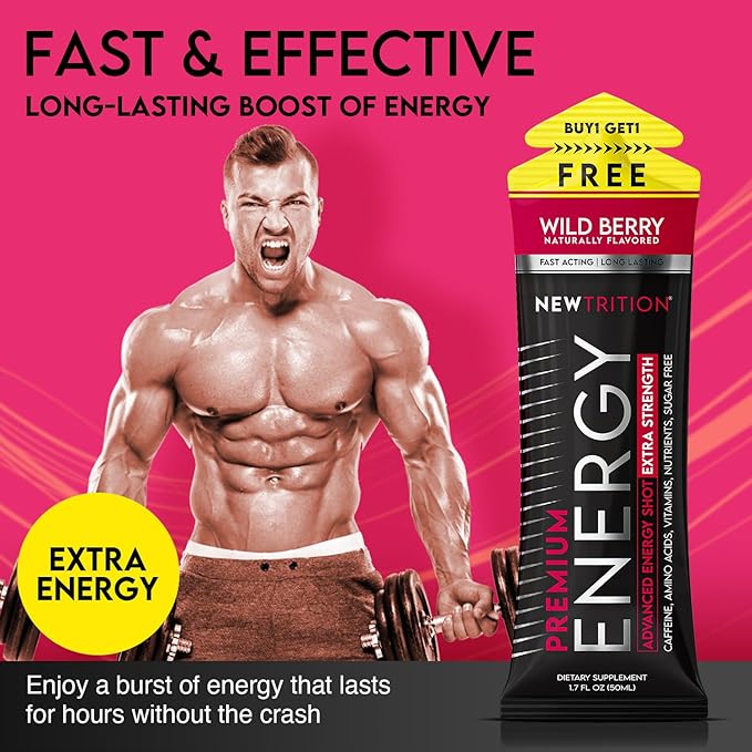 NewTrition® Extra Strength Energy Shots, 1.7 fl oz - 250mg Caffeine with Vitamin B & Amino Acids, Sugar-Free, Zero Calorie Vitamin Energy Drink for Focus & Endurance (Pack of 12, Wild Berry)