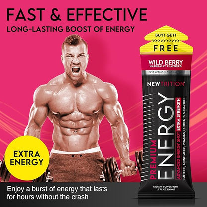 NewTrition® Extra Strength Energy Shots, 1.7 fl oz - 250mg Caffeine with Vitamin B & Amino Acids, Sugar-Free, Zero Calorie Vitamin Energy Drink for Focus & Endurance (Pack of 12, Wild Berry)