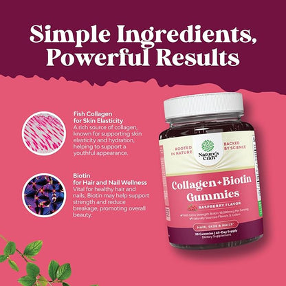 Hair Skin and Nails Gummies for Women - Extra Strength Biotin and Collagen Gummies for Women Hair Skin Nails Support - Non-GMO Kosher Marine Collagen Biotin 10000mcg per serving - 90 Count