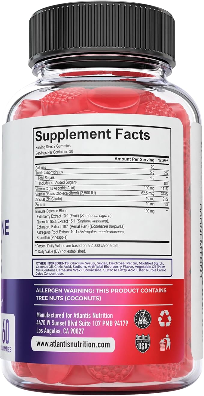 Atlantis Nutrition 8-in-1 Immune Support Gummies with Elderberry | Immune Supplement with Elderberry, Quercetin, Zinc, Vitamin C - Immunity Boosters for Adults & Kids - Delicious Flavor - 60 Count