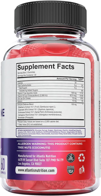 Atlantis Nutrition 8-in-1 Immune Support Gummies with Elderberry | Immune Supplement with Elderberry, Quercetin, Zinc, Vitamin C - Immunity Boosters for Adults & Kids - Delicious Flavor - 60 Count