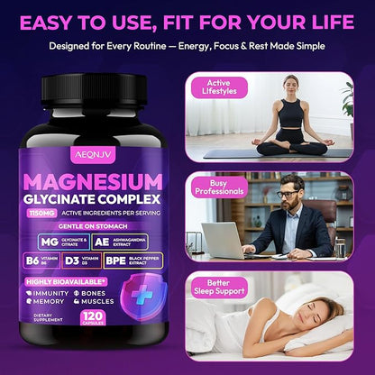 Magnesium Glycinate Complex 1150mg - Gentle on Stomach High Absorption Magnesium Capsules with Citrate, Silica, Ashwagandha & Vitamin B6 for Zzz, Stress Relief, Muscle Support for Adults, Women & Men