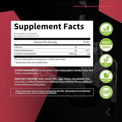 novomins Creatine Monohydrate Gummies for Men & Women, Chewables Creatine Monohydrate for Muscle Strength, Muscle Builder, Energy Boost, Pre-Workout Supplement-90 Peach