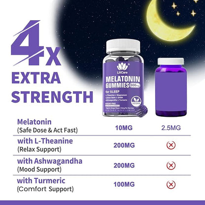 Melatonin Gummies 10mg 20mg for Adults Sugar Free, Extra Strength w/ L-Theanine, Ashwagandha, Magnesium, Turmeric, GABA, Lemon Balm and Chamomile for Healthy Circadian Rhythm, Vegan Grape Flavor, 60ct