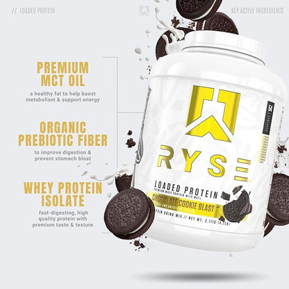RYSE Loaded Protein Powder - Chocolate Cookie Blast - 25g Whey Protein Isolate & Concentrate with Prebiotic Fiber & MCTs - Low Carb, Low Sugar, Digestive-Friendly - 54 Servings / 4 lb Tub