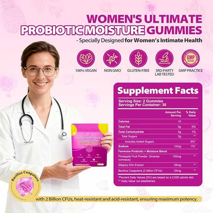 Slippery elm Feminine Probiotic + Moisture Gummies–Supports pH Balance, Vaginal Flora & Odor Health– with Bacillus coagulans and Slippery Elm – Delicious Pineapple Flavor, 60 Count.