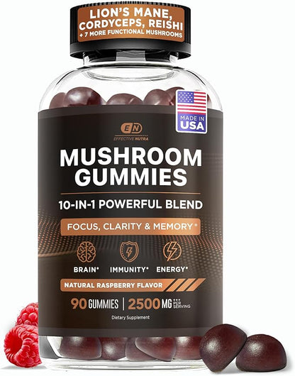 Effective Nutra Mushroom Gummies 2500mg - 10in1 Lion’s Mane, Reishi, Chaga, Cordyceps & More - Focus, Clarity, Memory, Immunity, Energy - Natural Raspberry Flavor, Vegan, Made in USA (90 Count)