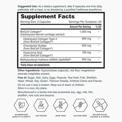 Nature's Lab Hyaluronic Acid with Biocell Collagen and MSM - Skin Hydration, Joint Health - 60 Capsules (20 Day Supply)